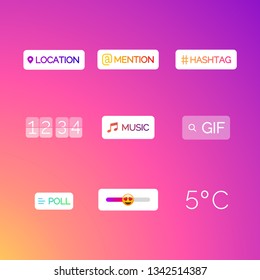 Interface in popular social media. Icons stories social media. Templates stories, polls, hashtag in social media. Vector illustration.