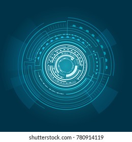 Interface poster of blue color with circular geometric shape and futuristic and sci-fi looking object, lines and shining elements vector illustration