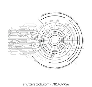 Interface sci-fi futuristic sketch of circular object, round geometric shape and lines with squares, vector illustration isolated on white background
