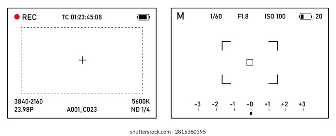 Interface screen camera with overlay rec view for viewfinder video frame. Photo vhs display with recording cellphone 90s for security mockup template. Film photography camera with rec overlay.