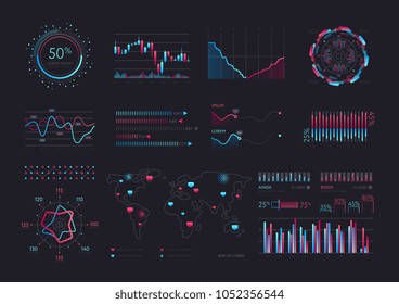 Interface screen with data infographic digital illustration. Dashboard technology hud vector interface and network management data screen with charts and diagrams.