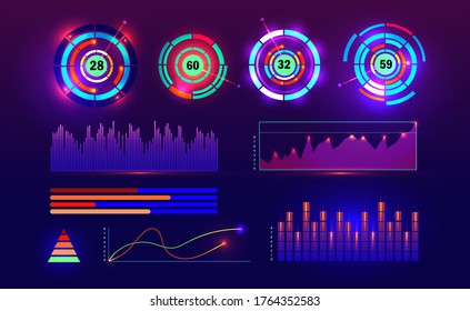 Interface screen with data infographic digital illustration. Dashboard technology hud vector interface and network management data screen with charts and diagrams.