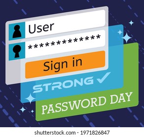Interface screens with user and login dialog boxes, promoting strong and safe password and presenting a last screen with congratulations in the Password Day celebration.