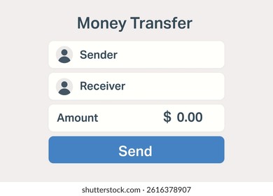 Interface for sending funds between accounts, showing names, amount, and action button