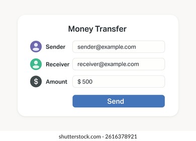 Interface for sending funds between accounts, showing names, amount, and action button