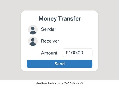 Interface for sending funds between accounts, showing names, amount, and action button