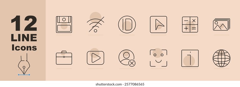 Interface set icon Drawer, no signal, pause, cursor, calculator, gallery, briefcase, play button, user remove, face scan, power button, globe. Interface, media, navigation