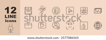 Interface set icon Drawer, no signal, pause, cursor, calculator, gallery, briefcase, play button, user remove, face scan, power button, globe. Interface, media, navigation