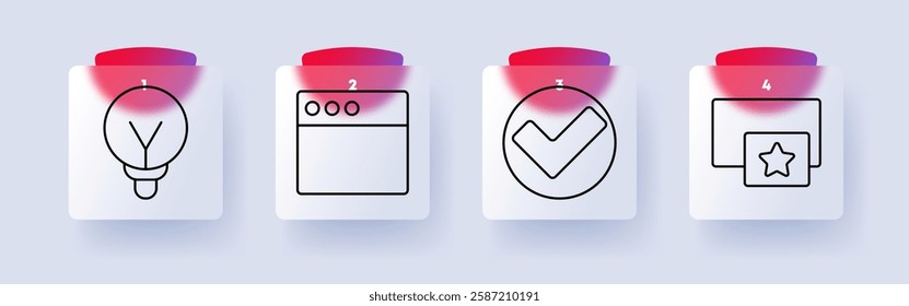 Interface set icon. Lightbulb, idea, browser, checkmark, favorite, inspiration, web, design, online, solution, task, verification, quality, internet, confirmation, settings