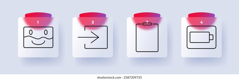 Interface set icon. Smiley face, arrow pointing right, clipboard, battery, user interaction, navigation, digital tools, energy, UI, online system.