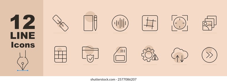 Interface and settings set icon Links, pens, sound waves, grid, image gallery, cloud sync, upload, warnings. Interface design, system adjustments