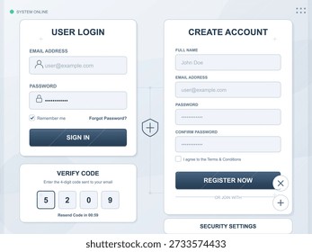 Interface shows user login and account creation sections. It includes fields for email, password, and verification code for secure access to system functionalities.