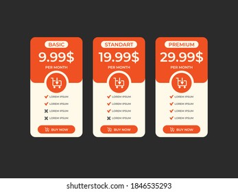 Interface for the site. UI UX vector banner for web app. Pricing Table Template with Three Plan Type. Pricing table, banner, button, list and bullet with plan for website in flat design. Three tariffs