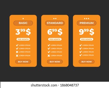 Interface for the site. UI UX vector banner for web app. Pricing Table Template with Three Plan Type. Pricing table, banner, button, list and bullet with plan for website in flat design. Three tariffs