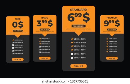 Interface for the site. UI UX vector banner for web app. Pricing Table Template with Three Plan Type. Pricing table, banner, button, list and bullet with plan for website in flat design. Three tariffs