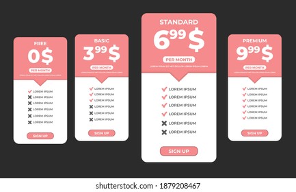 Interface for the site. UI UX vector banner for web app. Pricing Table Template with Plans Type. Pricing table, banner, button, list and bullet with plan for website in flat design. Three tariffs