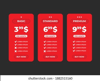 Interface for the site. UI UX vector banner for web app. Pricing Table Template with Plans Type. Pricing table, banner, button, list and bullet with plan for website in flat design. Three tariffs