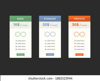 Interface for the site. UI UX vector banner for web app. Pricing Table Template with Plans Type. Pricing table, banner, button, list and bullet with plan for website in flat design. Three tariffs