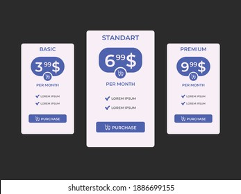 Interface for the site. UI UX vector banner for web app. Pricing Table Template with Plans Type. Pricing table, banner, button, list and bullet with plan for website in flat design. Three tariffs