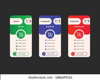 Interface for the site. UI UX vector banner for web app. Pricing Table Template with Plans Type. Pricing table, banner, button, list and bullet with plan for website in flat design. Three tariffs