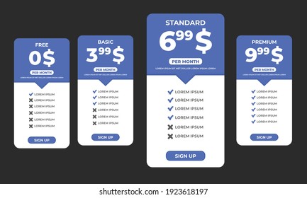 Interface for the site. UI UX vector banner for web app. Pricing Table Template with Three Plan Type. Pricing table, banner, button, list and bullet with plan for website in flat design. Three tariffs