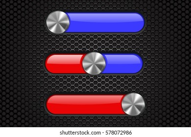 Interface slider bar. Red and blue bar on metal perforated background. Vector illustration.