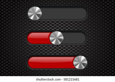 Interface slider bar. Red bar on metal perforated background. Vector illustration.