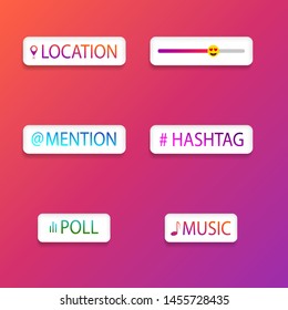 Interface of slider button for social media.Template icon of hashtag, media, location, stories, poll. Stories button. vector illustration eps10