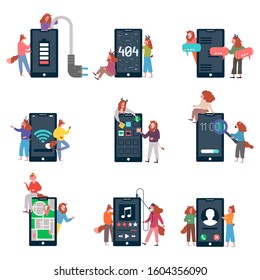 Interface and small character vector illustration flat design. Animal character oversize mobile phone app 
