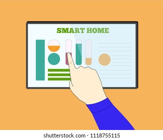 Interface of smart home application with flat icon on monitor. hand touch