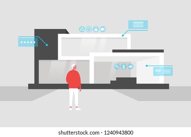The interface of Smart home. New technologies. Lifestyle. Futuristic pop up windows. Data. Young male character standing in front of the building. Remote control.