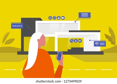 The interface of Smart home. New technologies. Lifestyle. Futuristic pop up windows. Data. Young female character standing in front of the building. Remote control.