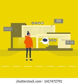 The interface of Smart home. New technologies. Lifestyle. Futuristic pop up windows. Data. Young female character standing in front of the building. Remote control. Cute robot hovering in the air
