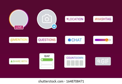 Interface stickers for stories. Social media buttons. Signs for web page, mobile app, banner, social media. Editable stroke.