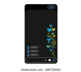 Interface with stream of flying hearts. Like elements for social media live translation. Vector illustration.