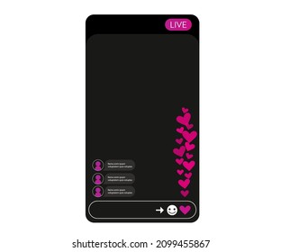 Interface with stream of flying hearts. Like elements for social media live translation. Vector illustration.