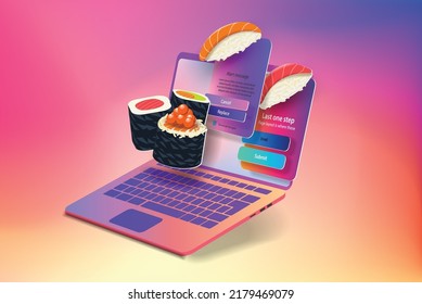 the interface of the sushi restaurant website on the laptop screen. Vector banner