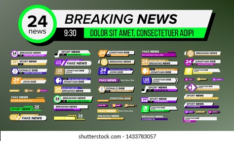 Interface Tv Breaking News Lower Bra Set Vector. Collection Of Colorful Bright Design Lower Show, Sport Or Streaming Video Decoration Banner. Modern Television Flat Cartoon Illustration