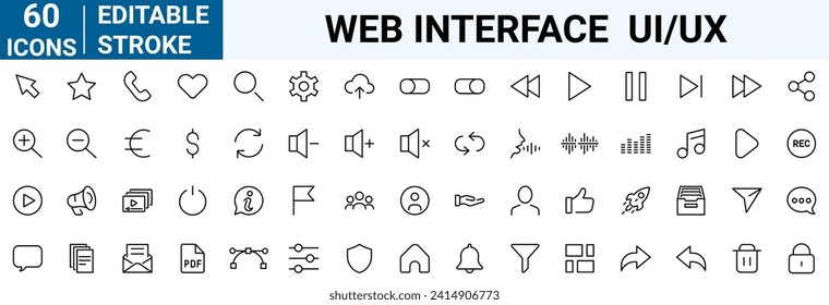 Interface ui, ux web icons in line style. User, profile, message, mobile app, document file, social media, button, home, chat, arrow, collection. Vector illustration.