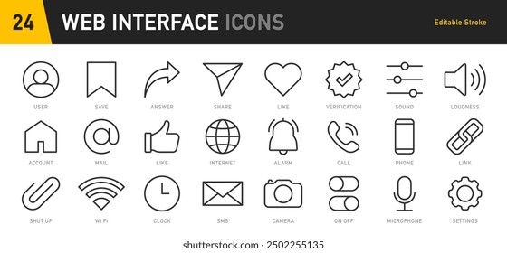 Interfaz ui, ux iconos web en estilo de línea. Usuario, perfil, mensaje, App móvil, archivo de documento, redes sociales, Botón, hogar, chat, flecha, colección. Ilustración vectorial.	