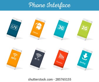Interface vector 3D smartphone with software, applications, and ways to connect portable gadgets and devices. Set of sign and icons - Stock Vector