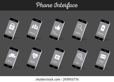 Interface vector 3D smartphone with software, applications, and ways to connect portable gadgets and devices. Set of sign and icons - Stock Vector
