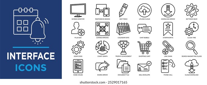 interface, vetor, aplicativo, ícone, conjunto de ícones de design. Coleção de ícones de tópicos. Ilustração de vetor simples
