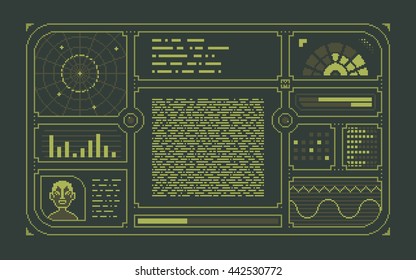 Interface of vintage science fiction control panel. Vector illustration in classic pixel art style.