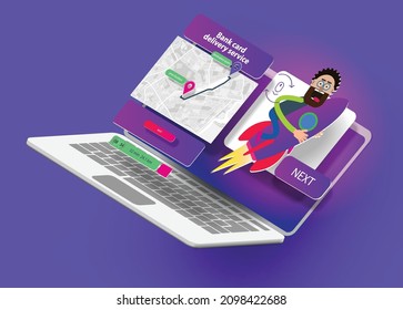 The interface of a web application with a cartoon man in glasses flying on a rocket. Vector banner