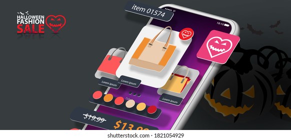 Interface of a web application for selling women's bags on the phone screen with a discount on Halloween. Vector banner