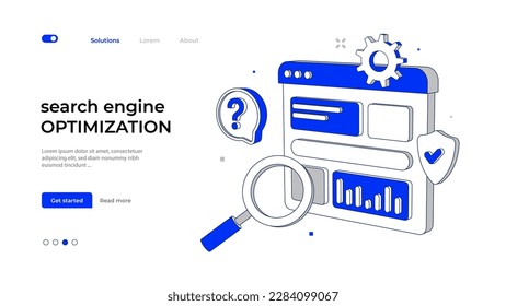 Interface web page with magnifier and gear. Vector illustration for marketing social media concepts and search engine optimization.