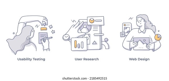 Interface And Website Design. Usability Testing, User Research, Web Design. Set Of Doodle Vector Illustrations To Visualize Business Ideas And Concepts