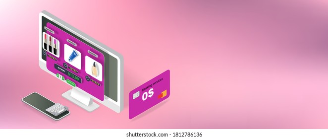 Interface of a website selling cosmetics on the screen of an office computer in space. Vector banner