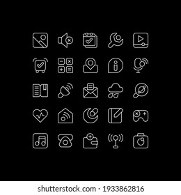 Interface white linear icons set for dark theme. Smartphones and tablets application. Settings menu. Night mode customizable thin line symbols. Isolated vector outline illustrations. Editable stroke